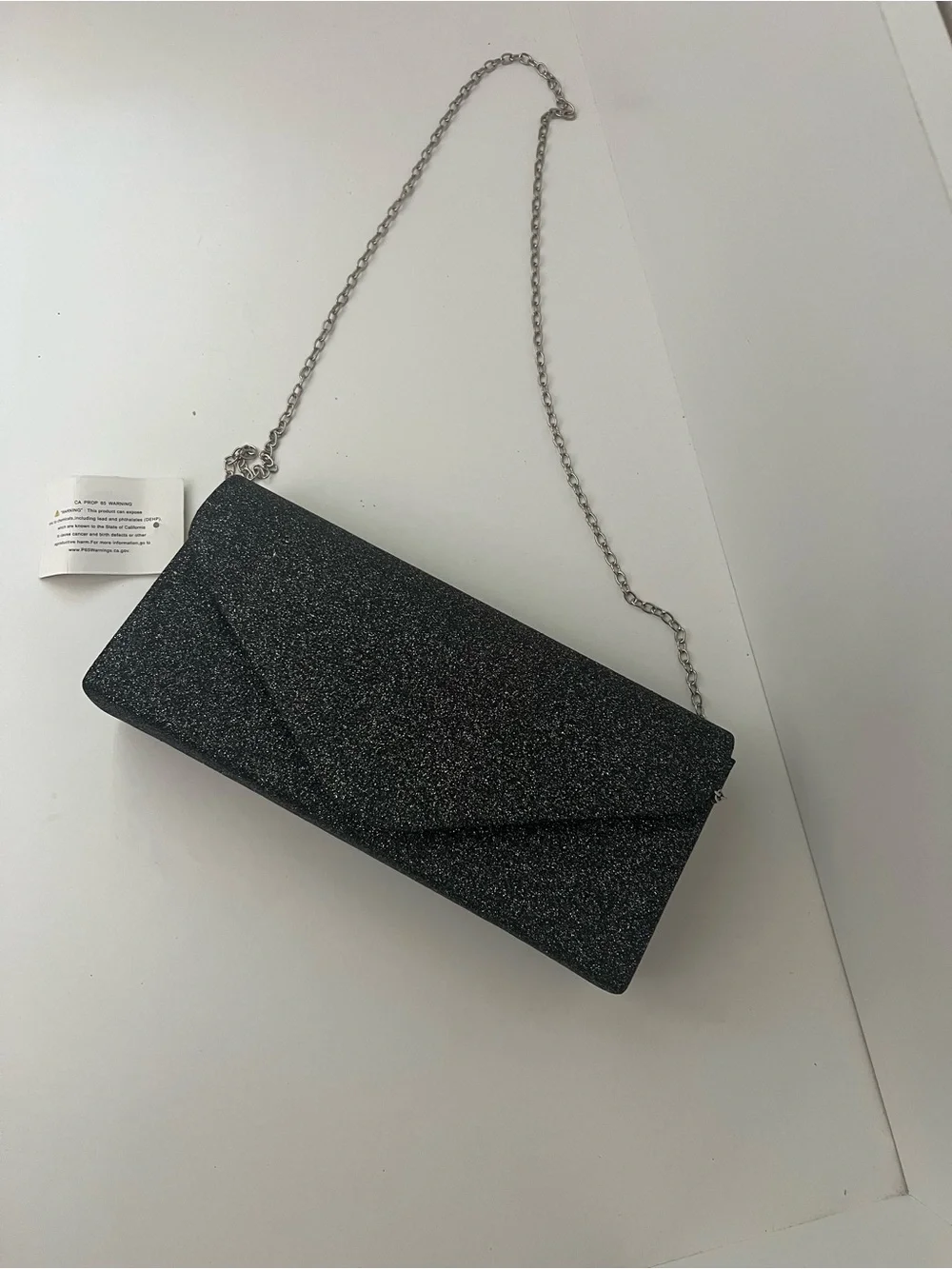 Elegant Black Glitter Envelope Clutch with Chain Strap